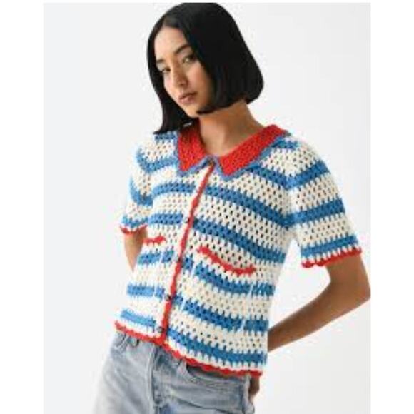 HUNTER BELL Sz L Large Kate Top Crochet Sweater Cardigan Short Sleeve - Picture 1 of 12